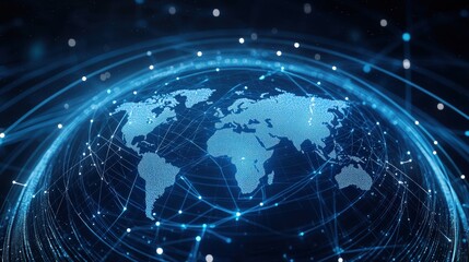 Poster - Futuristic digital representation of a global network, featuring a glowing world map with interconnected points and lines. Ideal for concepts like technology, data exchange, or global communication.
