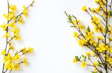 Canvas Print - A white spring summer background with yellow flowers and green branches