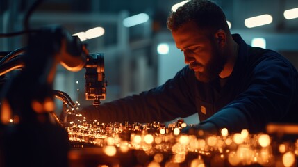 Poster - skilled worker operating machinery in a modern manufacturing facility, sparks flying.