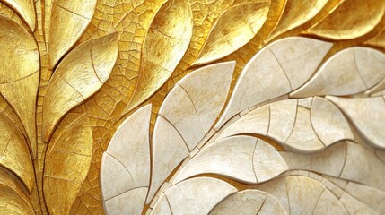Aufkleber - Mosaic abstract background concept. Intricate golden and white leaf patterns create stunning visual textures for design.