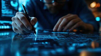 Poster - A focused individual analyzing data on a digital screen using a pen.