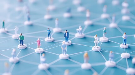 Poster - Global Network: Miniature figures interconnected on a vibrant blue background, symbolizing global connections, networking, and community.  