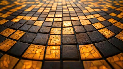 Aufkleber - Mosaic abstract background concept. A beautifully patterned mosaic floor showcasing vibrant orange and black tiles.