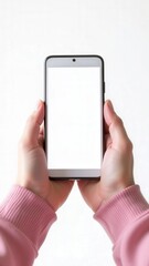 Poster - Woman holding smartphone with white screen for mockup on white background
