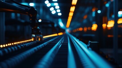 Poster - a futuristic industrial conveyor belt in a modern manufacturing facility.