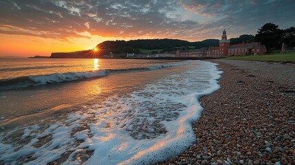 Wall Mural - Sunrise over coastal town, waves on pebble beach.