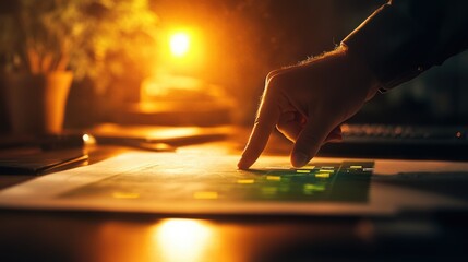 Poster - A hand pointing at a digital chart during a warm evening ambiance.