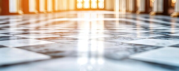 Poster - Mosaic abstract background concept. Elegant marble floor with intricate patterns reflecting warm sunlight.