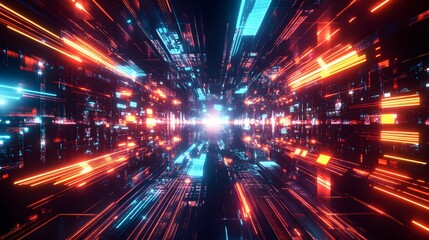 Poster - Abstract Digital Tunnel of Neon Lights and Data Streams
