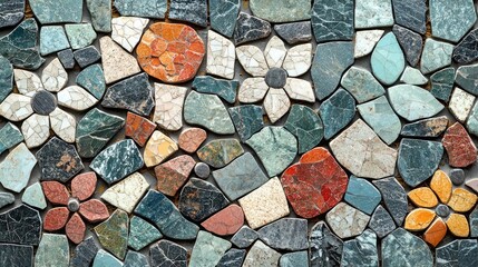 Poster - Mosaic abstract background concept. Colorful mosaic pattern featuring floral designs made from various stone pieces.