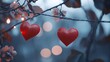 © sangkribo - Two red hearts hanging from a tree branch with fairy lights.