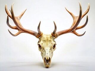 Wall Mural - Close-up Deer Skull with Antlers, White Background - Nature, Wildlife, Hunting Decor Stock Photo