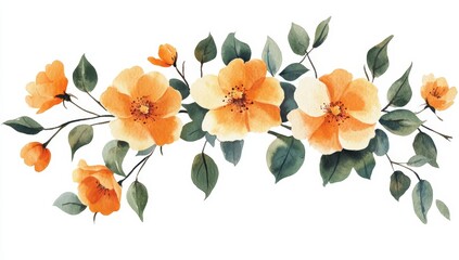 Wall Mural - Watercolor floral arrangement with orange roses and green leaves.