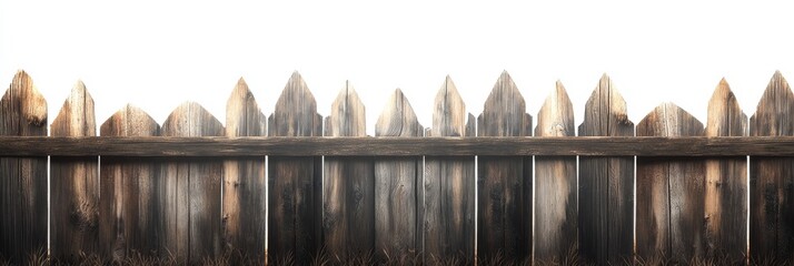 Wall Mural - Rustic wooden fence with pointed top rails against a white background.