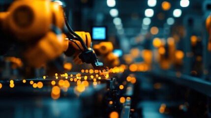 Poster - automated production line with robotic arms in a modern factory setting.