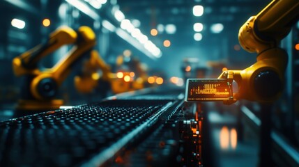 Poster - Automated robotic arms working in a modern industrial factory environment.