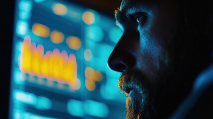 Poster - Close-up of a focused man analyzing data on a high-tech screen at night.