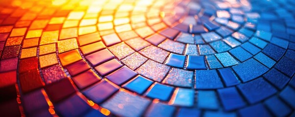 Poster - Mosaic abstract background concept. Colorful mosaic pattern featuring vibrant blue and orange tiles arranged in a circular design.
