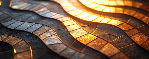 Poster - Mosaic abstract background concept. Wavy mosaic tiles reflecting warm golden light, creating a captivating pattern.