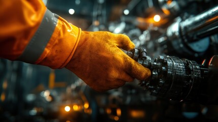 Poster - close-up of a worker's hand adjusting machinery in a modern industrial setting.