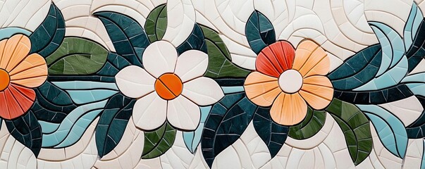 Poster - Mosaic abstract background concept. A vibrant mosaic design featuring colorful flowers and lush green leaves.