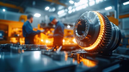 Poster - Close-up of industrial machinery with engineers at work in a factory setting.