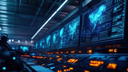 Poster - Futuristic control room with screens displaying data and maps, ideal for tech themes.