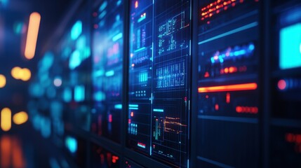 Poster - Futuristic data center with illuminated panels showcasing digital information.