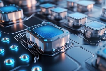 Poster - Electronic circuits with glowing components in a futuristic design layout