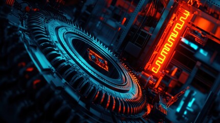 Poster - Futuristic machinery showcasing intricate design and vibrant lighting in a high-tech environment.