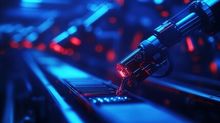 Poster - Futuristic robotic arm working in a high-tech blue and red environment.