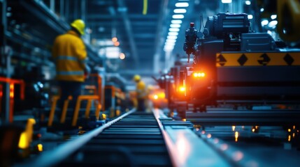 Poster - industrial scene with workers in uniform, machinery, and production lines in action.