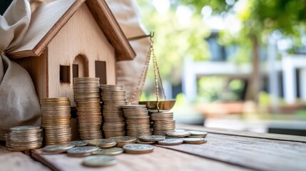Aufkleber - A wooden house model beside stacks of coins and a scale, symbolizing finance, real estate, and investment.