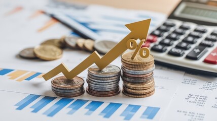 Aufkleber - A visual representation of financial growth, featuring coins, a rising arrow, and a calculator, indicating increased profits and investment strategies.
