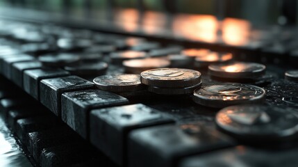 Poster - A close-up view of coins resting on a wet surface, illuminated by soft ambient light, showcasing details and textures.