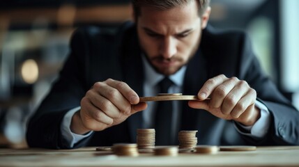 Aufkleber - A focused businessman analyzes coins stacked on a table, highlighting themes of finance, investment, and strategy in a professional setting.