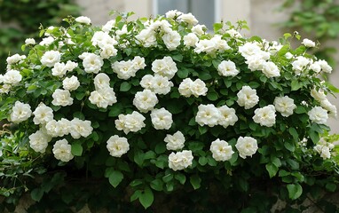 Aufkleber - White roses cascading over a wall.
