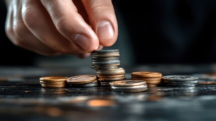 Poster - A hand stacking coins, focusing on the careful arrangement of currency on a dark surface, highlighting the concept of finance and saving.