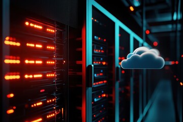 Poster - Data center with illuminated servers and cloud symbol in high-tech environment