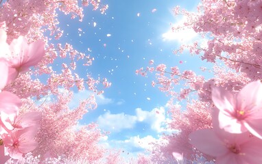 Aufkleber - Pink cherry blossom petals falling from trees against a blue sky.