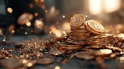 Poster - A close-up of shiny Bitcoin coins stacked on a surface, surrounded by sparkling dust, symbolizing wealth and digital currency.