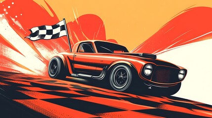 Aufkleber - Red race car crossing finish line with checkered flag.