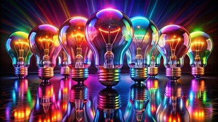 Wall Mural - Colorful Light Bulbs Double Exposure Abstract Background - Glowing Red Purple Yellow Green Blue Bulbs