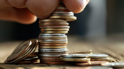 Aufkleber - A hand stacks coins on a wooden surface, illustrating the concept of saving, investment, or financial management.