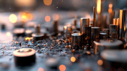 Poster - A close-up view of metallic cylinders and disks scattered on a textured surface, illuminated by soft bokeh lights, creating an abstract industrial aesthetic.