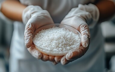 Poster - Scientist holding petri dish with white substance.