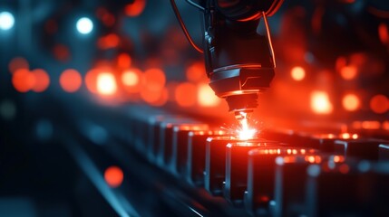 Poster - a close-up view of a robotic arm in a futuristic setting, utilizing red lighting to highlight precis