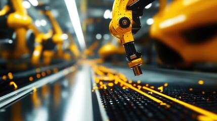 Poster - a close-up view of yellow robotic arms assembling components on a factory floor, showcasing modern a