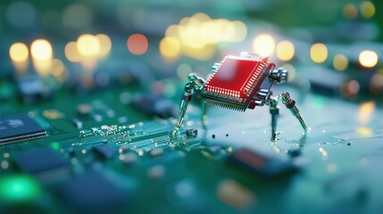 Aufkleber - A futuristic robotic crab crawls over a microchip, symbolizing the intersection of technology and biology on a vibrant circuit board.