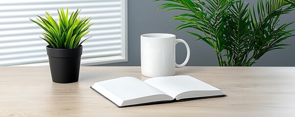 Poster - A cozy workspace featuring an open book, a white mug, and a potted plant on a wooden table, with soft light illuminating the scene.